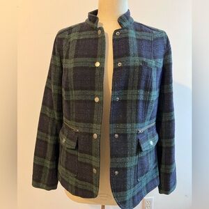 Blackwatch Plaid Wool Blend Snapfront Jacket Blazer Sz Small Stand Collar